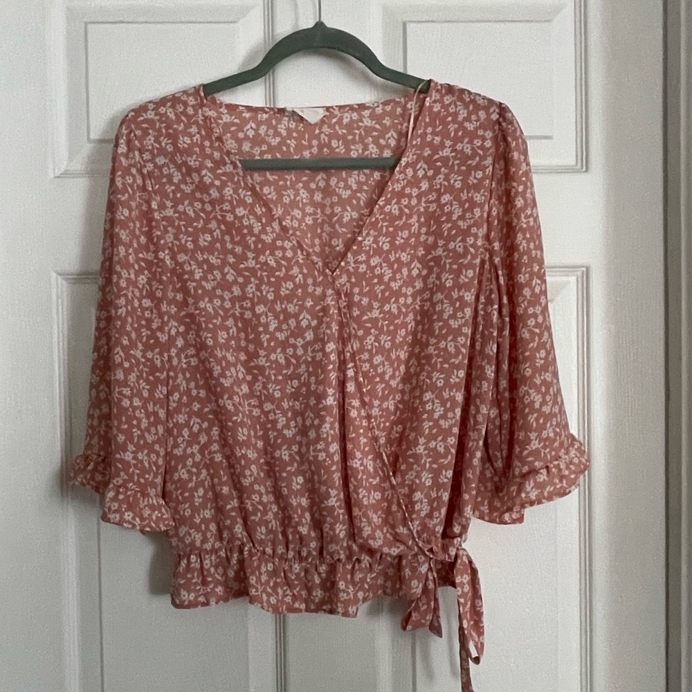 Pink Floral Quarter-Sleeve Blouse